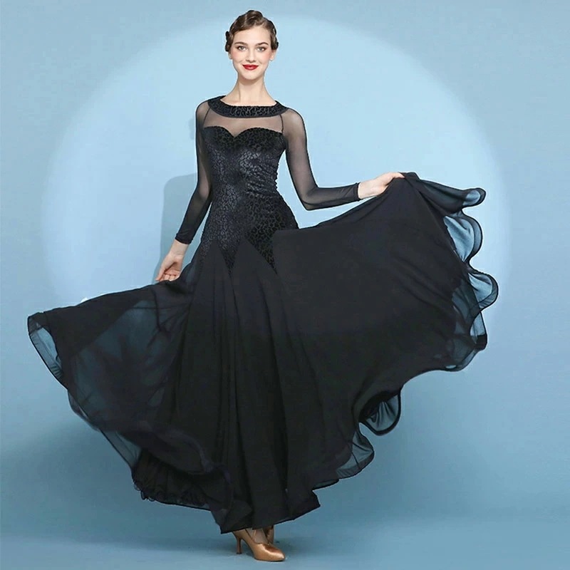 社交ダンスドレス ダンスウェア 黒 モダンドレス ブラック ベロア ベルベット ヒョウ柄 オシャレ 社交ダンス衣装 ラテンドレス ワルツ衣装 ラテンダンス ワンピース 競技 練習服 大きい裾 レッスン