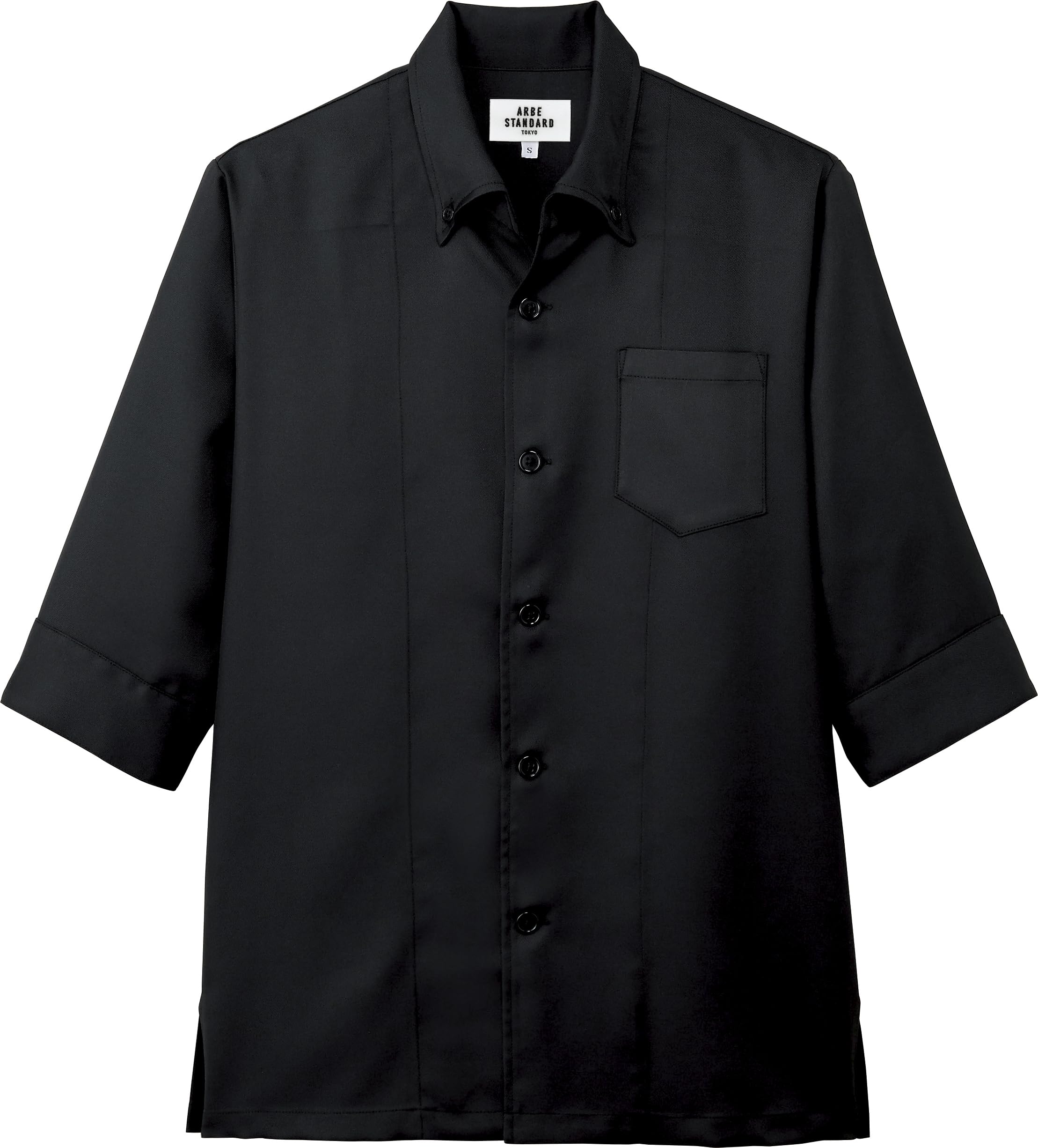 [アルベ] メンズ レディース 兼用 飲食 五分袖 シック 5色展開 開襟 シングル コックシャツ 【ストレッチ/透防止/制電/防汚】 7757 7757 C-10 ブラック