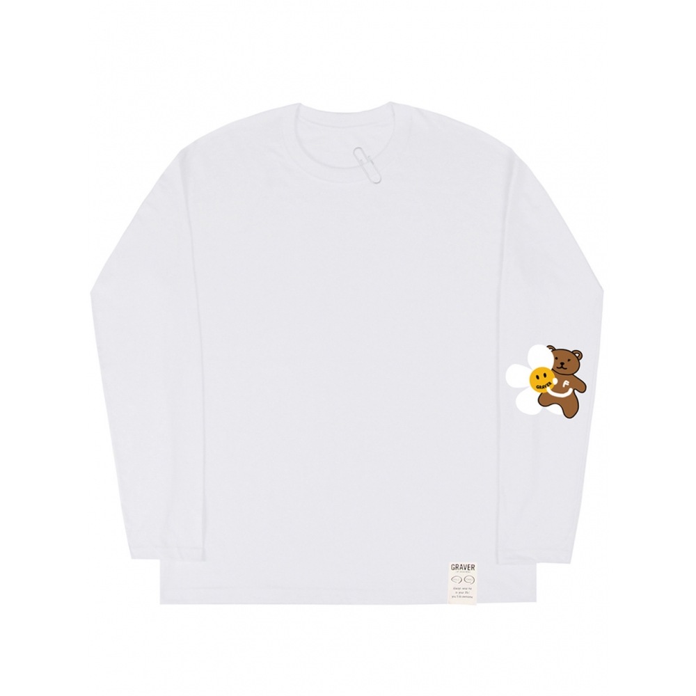 GRAVERエルボーフラワーベアスマイルホワイトクリップロングスリーブTシャツホワイト