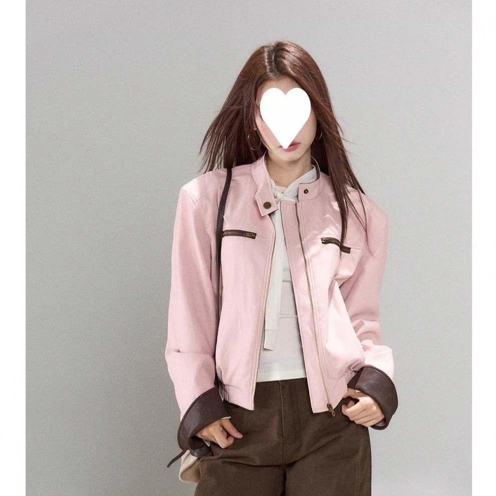 在庫あり：ピンクのワイルドベリーレザージャケットレディース新しい秋のスタイルクールでユニークそしてとても美しいカジュアルジャケット