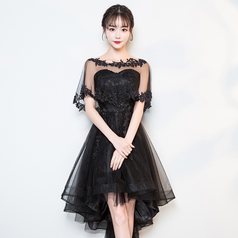 1485.オフショルダーイレギュラーヘムドレス（ブラック）パーティードレス ミニドレス 結婚式 二次会 披露宴 不規則裾 編み上げ 2019 春夏 sale