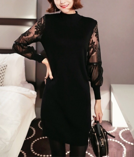 1863.花柄シースルーレースワンピース（ブラック）2019 春夏 sale 春夏 sale ドレス ミディアム 長袖 お呼ばれ パーティー 結婚式 披露宴 二次会 女子会 レストラン デート