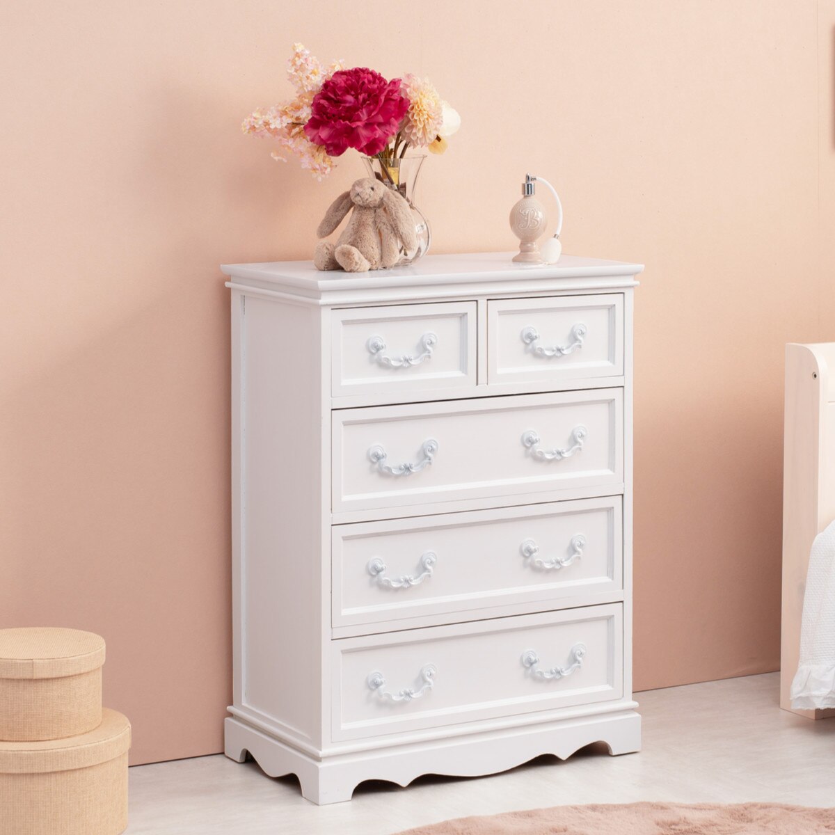 チェスト 4段 木製 カントリー調 シャビーウッド 幅60cm 姫系 白家具 ホワイト 桐製 引き出し 5杯 完成品 整理タンス サイドチェスト 衣類収納 リビング 収納