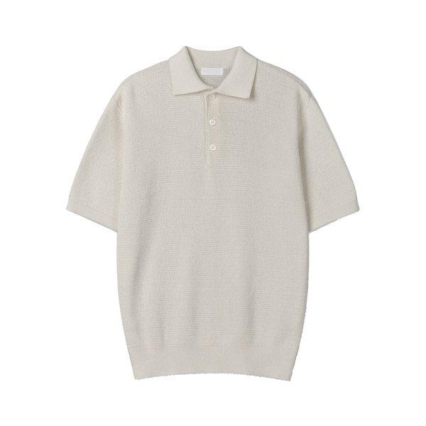 メンズ ベーシック リネン カラーネック 半袖 ニットTシャツ GN-KNH-Q015-アイボリー