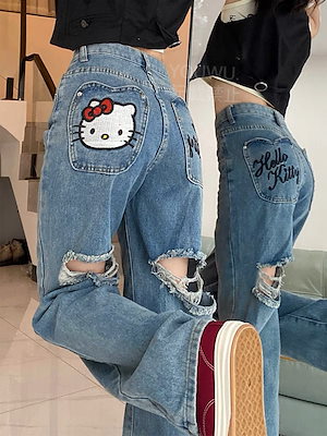 HelloKitty刺繍破れカートゥーン甘辛ストレートジーンズゆったり痩せ見えデザイン感ワイドパンツ