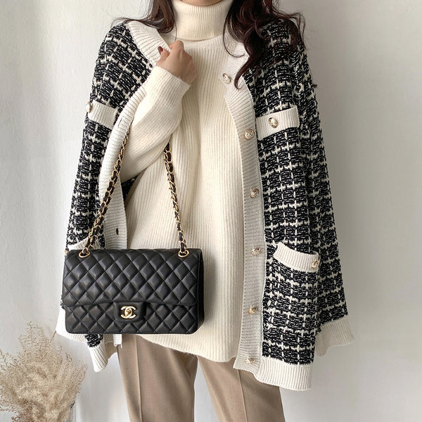 ゴールドツイード編み金メッキポイント格子チェックボクシーカーディガン