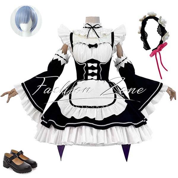 Re:ゼロから始める異世界生活 風 レム メイド服 コスプレ衣装 ウィッグ 靴 cosplay ハロウィン 演出服 変装