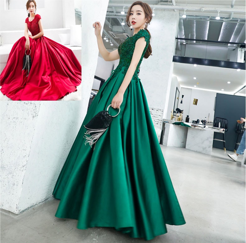 新品入荷 2色 WeddingDress カラードレス グリーン レッド カクテルドレス ロングドレス フレンチスリーブ 半袖 パーティードレス 発表会 演奏会用ドレス ステージドレス コンサート コ