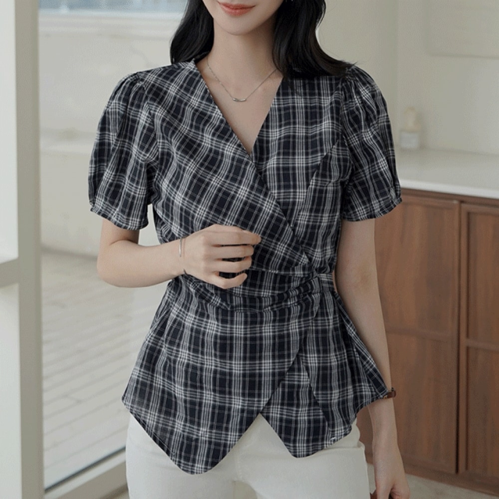 クリック&ファニー リネンチェックラップブラウス - ムンツ