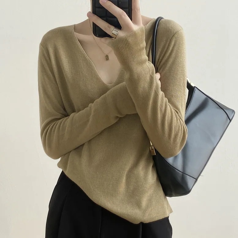 5color レディース Vラインネック長袖カットソー トップス カットソー ニット 薄手 シャツ