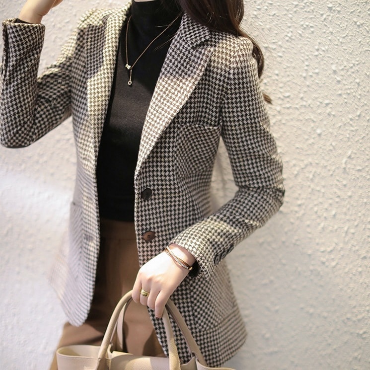 クラシカルデザインスーツ チェック柄スーツジャケット ロング丈タイトジャケット 千鳥柄エレガントスーツ トップス アウター ジャケット 上着 スーツ ロング ロング丈 袖あり 長袖 Vネック 襟付き 5,622円