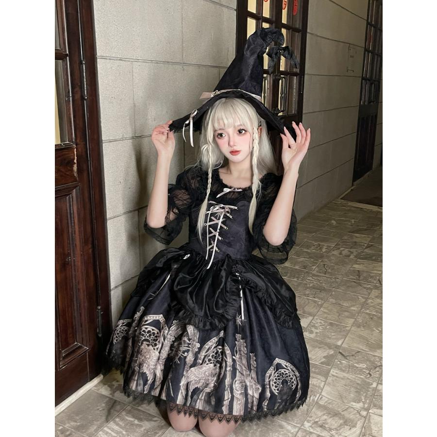 Lolita ロリータ ジャンパースカート ジャンスカ ワンピース ドレス 黒ロリィタ ゴシック ゴスロリ 編み上げ オリジナルプリント