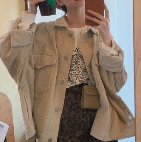 アウター ジャケット Gジャン 長袖 ドロップショルダー 襟付き デザイン ボタン オーバーサイズ ビッグシルエット 美ライン ニュアンス ヴィンテージ風 コーデュロイ リラックス かわいい
