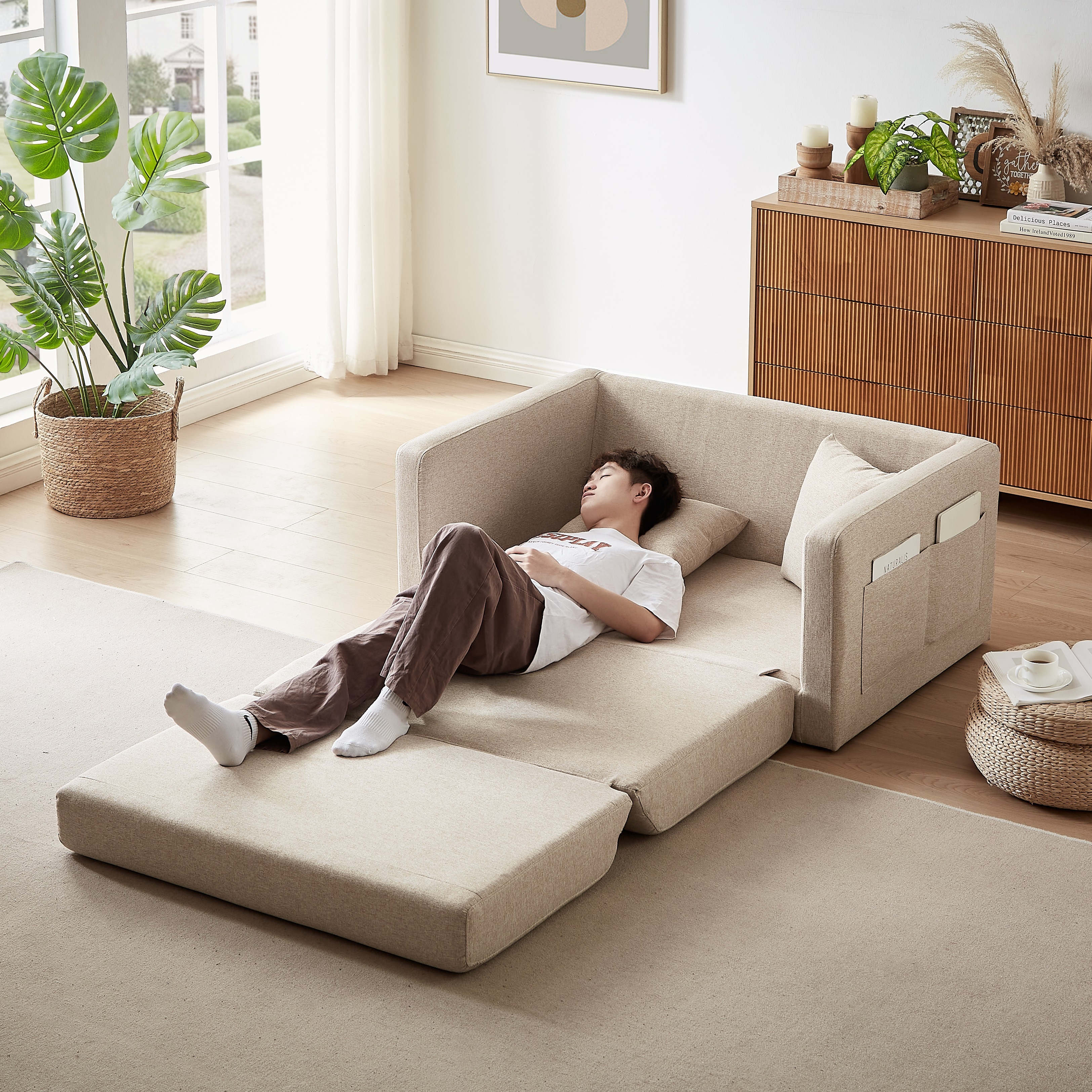 2 seater sofa ソファ 2人掛け 収納付き ファブリック 両側に肘掛け付き 木脚外し可能 ローソファ コンパクト ひとり暮らし カウチソファー W1082P151239