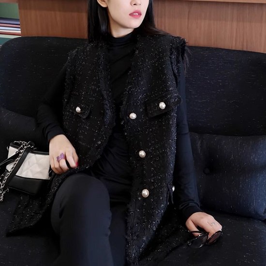 取寄ベスト ジレ ツイード素材 レデイース Ｖネック ブラック フリンジ付き おしゃれ 丈長め 体型カバー レディース ツイード素材 ベスト Ｖネック ベスト フリンジ かわいい 秋 ベスト・ジレ