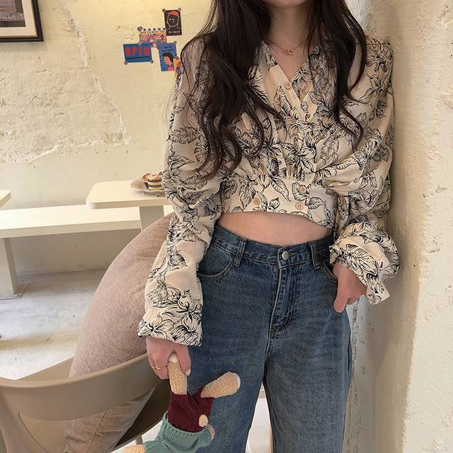 2color レディース トップス シャツ ブラウス Vネックシャツ ウエストマーク フラワープリン