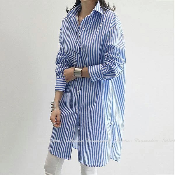 最新の製品 大人シャツ　ロングシャツ　長袖　ブルーストライプ　前開き　定番スタイル【クリックポストで】女子会　ほっそり効果大 20代30代40代50代