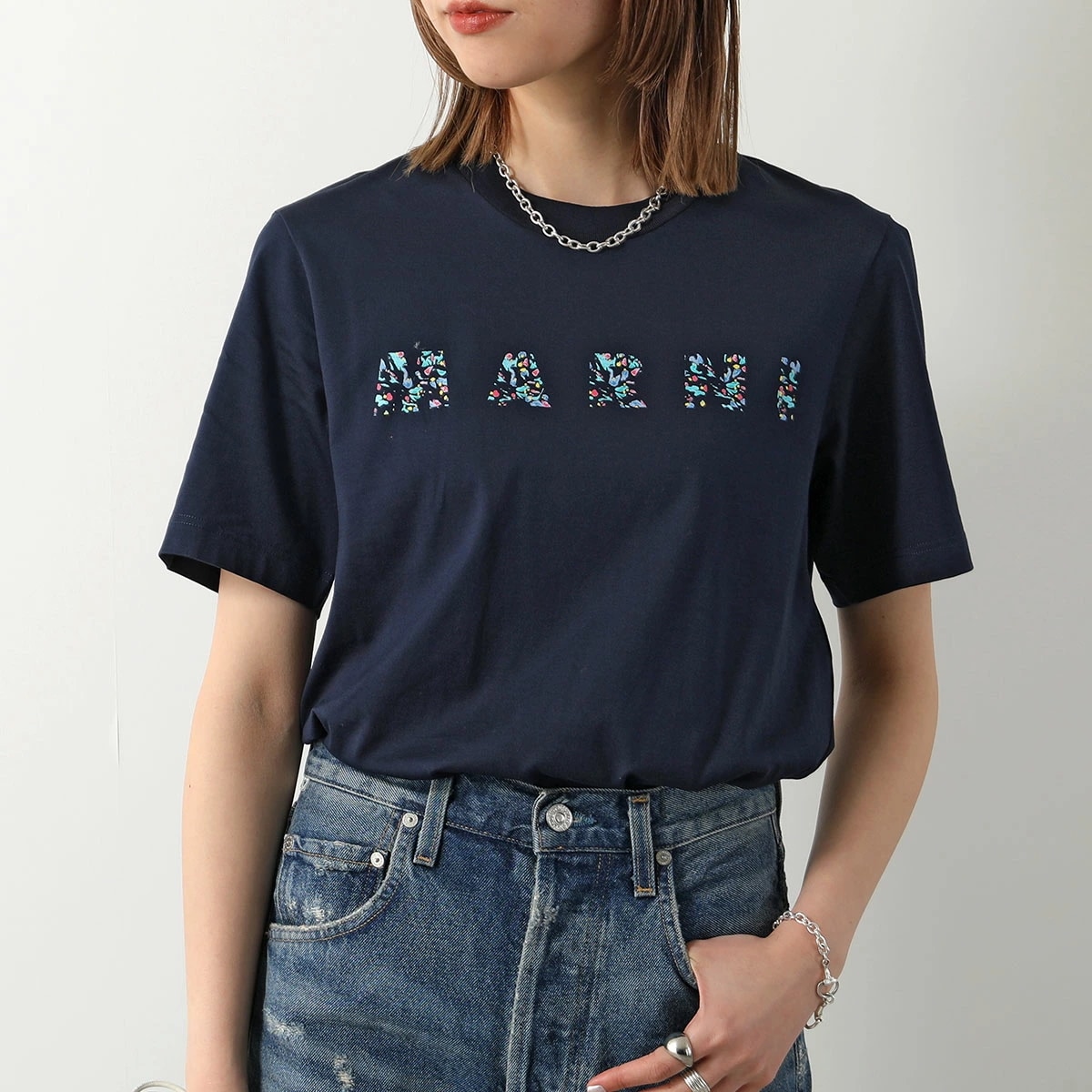MARNI マルニ Tシャツ HUMU0198PQ USCW21 レディース 半袖 カットソー ロゴT コットン クルーネック FLB99/BLUBLACK