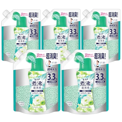 レノア 煮沸レベル超消臭 抗菌ビーズ みずみずしく香るフレッシュグリーンの香り 詰め替え 1410mL×5袋 [ケース品] 柔軟剤と一緒に使って