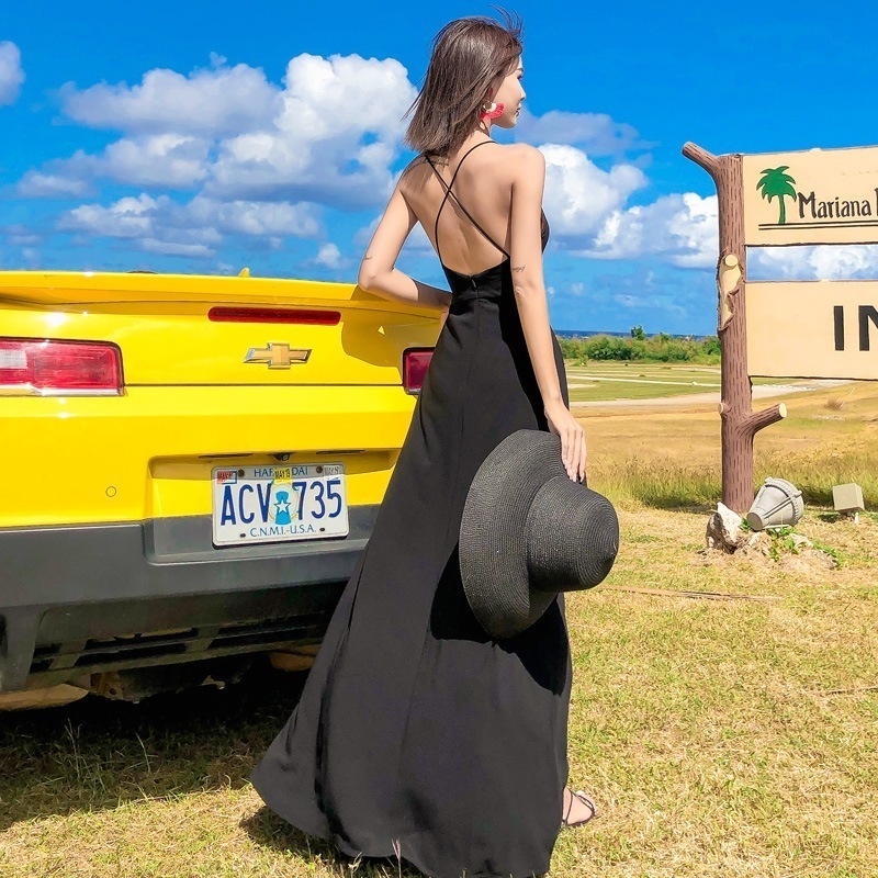女性用バケーションビーチドレス夏セクシーなバックレススリットvネックスリムリトルブラックドレスサスペンダードレススモールドレスロングスカート