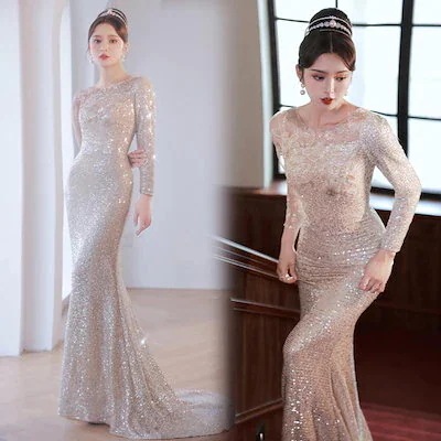 カラードレスマーメイドドレス長袖スパンコールロングドレス結婚式二次会イブニングドレスパーティードレスウェディングドレスシャンパンファスナー 5,125円