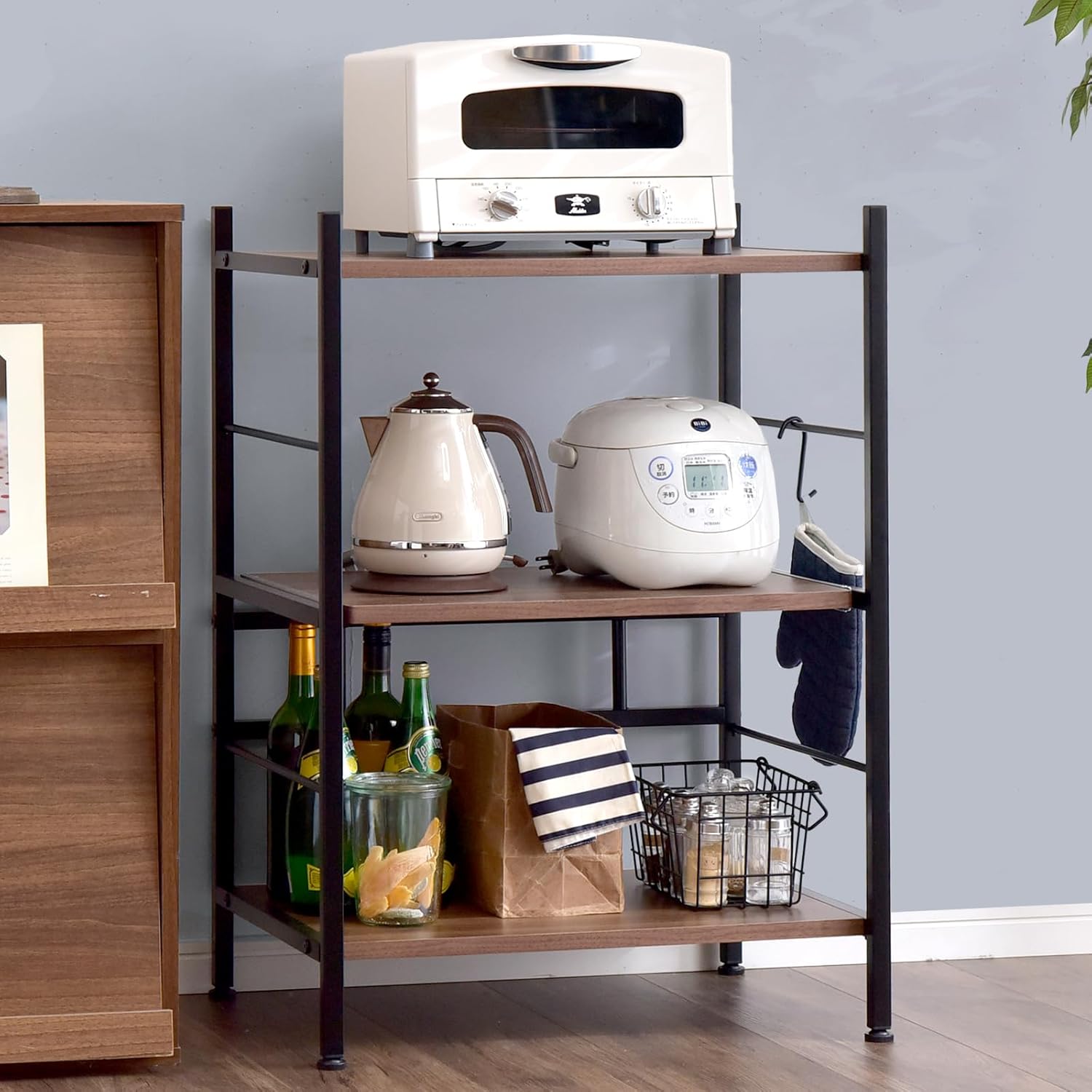 レンジラック 幅60cm 大型レンジ対応 高さ88cm スライド棚 レンジ台 キッチンワゴン ラック キッチンラック オープンラック スリム おしゃれ ブラウン