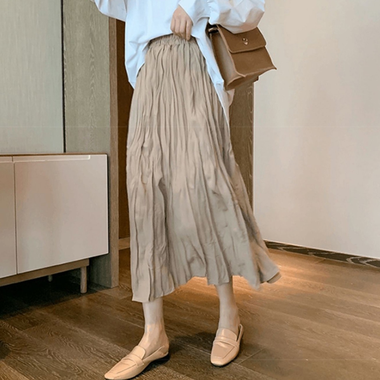 OH0077 艶感！大人っぽい！シワ加工 ロングスカート 3色
