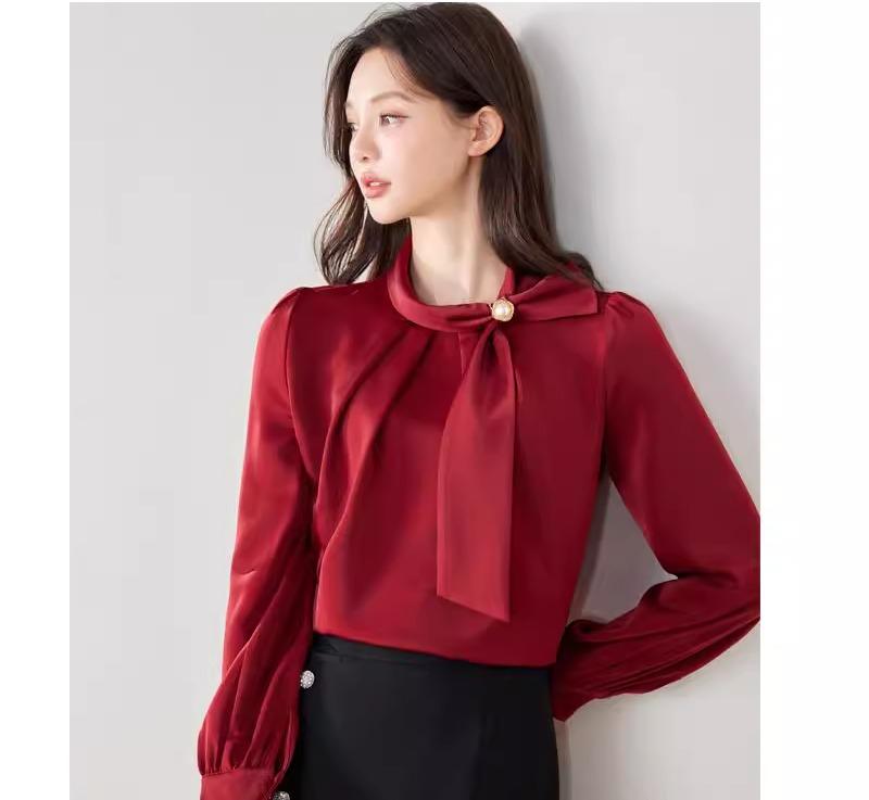 シフォンシャツ ブラウス レディース 春 上品 女性 カジュアル ボウタイ 長袖 プルオーバー スタンドカラー 通勤 オフィス 薄手 軽量 柔らかい トップス お腹カバー スリム