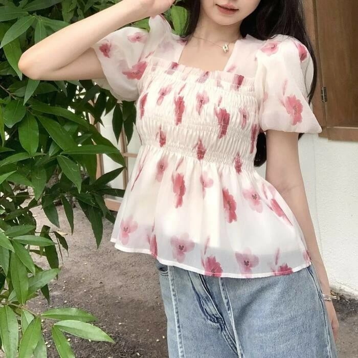 ベージュ 20代 ス 40代 カジュアル シャツ 50代 スクエアネック リボン フラワー 大人 ボタニカル シフォン ブラウス プルオーバー 30代 パフスリーブ 可愛い レディース 半袖 体型カバ 5,226円