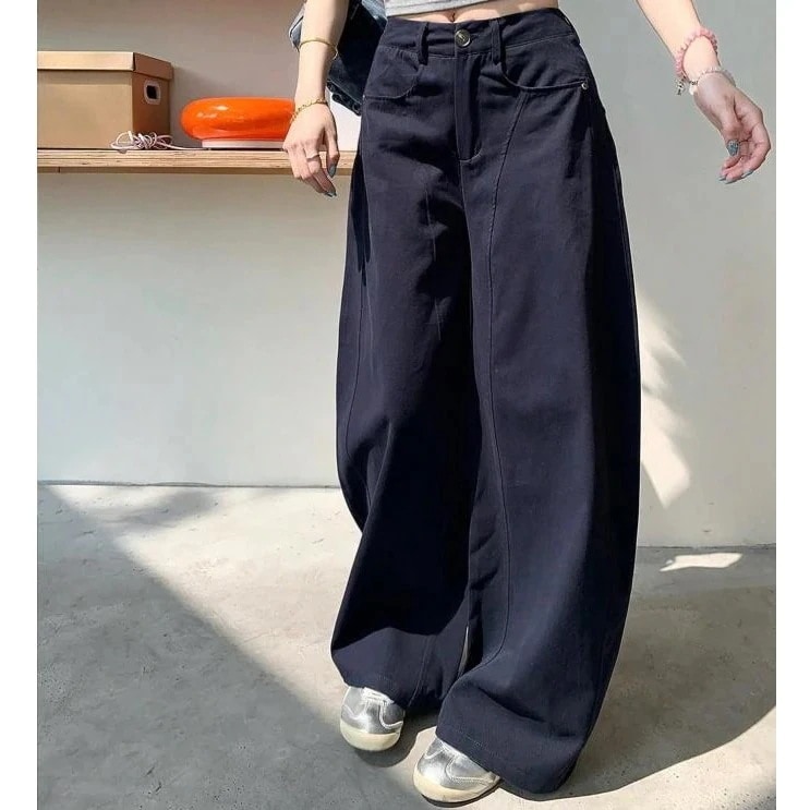 ワイドレッグパンツ レディース ネイビー ハイウエスト ストレートパンツ カジュアル ロング丈