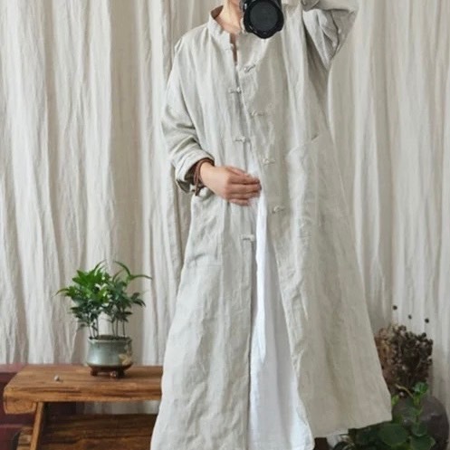 ワンピース シャツワンピ レディース 膝下 ミモレ ロング 長袖 チャイナ ノーカラー フェミニン ストリート 前開き リネン かわいい 大人可愛い シンプル カジュアル 上品 メンズライク