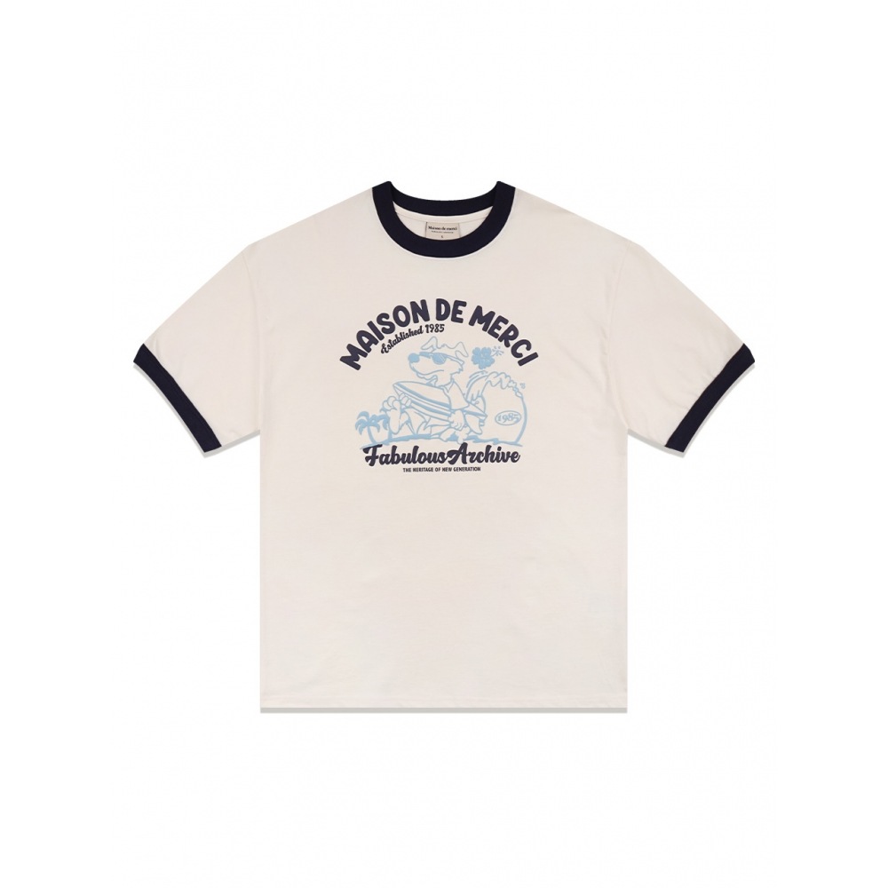 ファビュラスアーカイブユニセックスオーバーフィットパピーサーフィンリンガーショートスリーブ Tシャツクリームネイビー (FCE2TS401M)