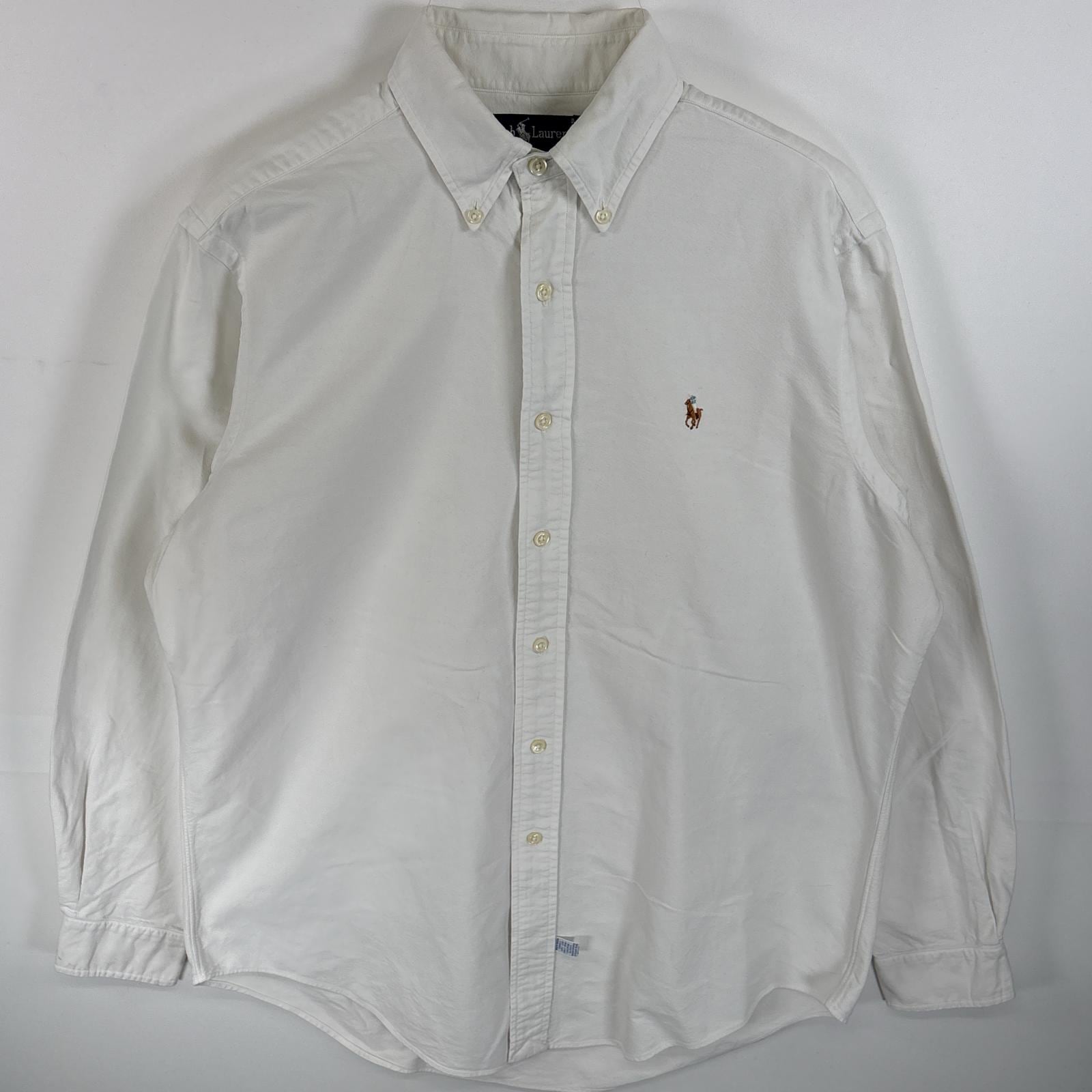 古着 長袖シャツ ボタンダウンシャツ ワンポイント ロゴ 刺繍 オックスフォード M ホワイト 無地 メンズ