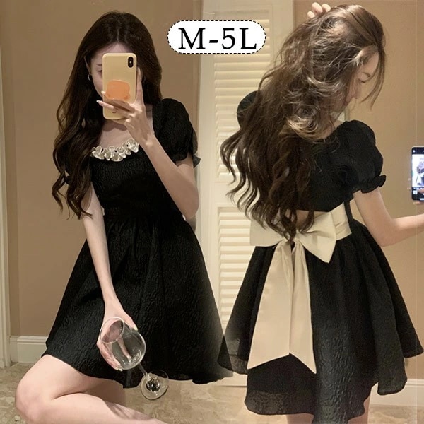 ワンピース 大きいサイズ パフスリーブ バックリボン 半袖 大人かわいい ぽっちゃり 夏ワンピ 着やせ Aライン M L LL 3L 4L 5L bi166zezet2