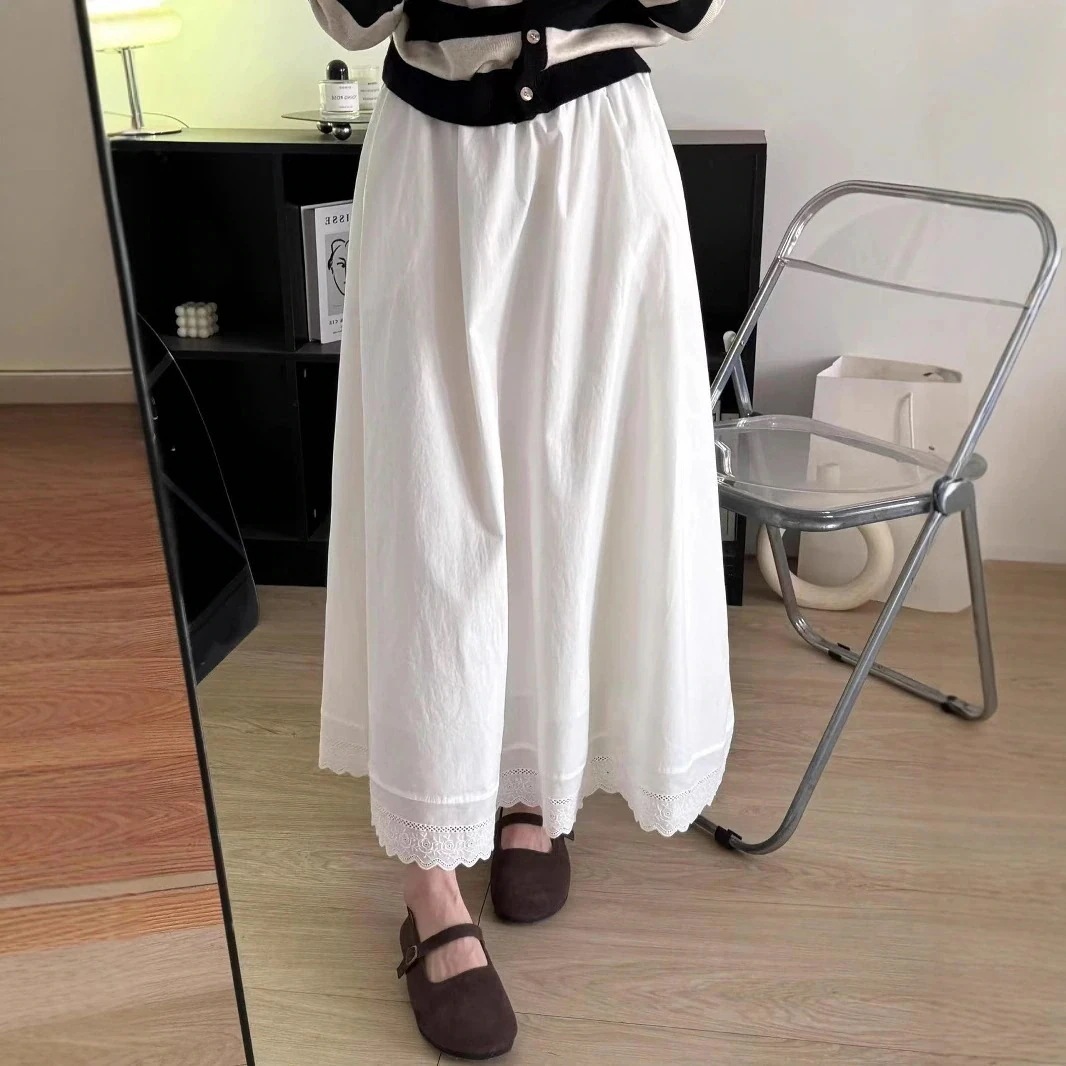 [本日限り激安SALE]スカートゆったりロングスカート バルーンスカート春新作ホワイトハイウエストレースフレンチ 品質良い