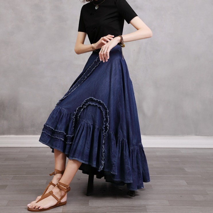 デニムティアードスカート スカート ボトムス フレアスカート ロング ロング丈 マキシ マキシ丈 フレア Aライン アシンメトリー フリル ハイウエスト デニム かわいい 大人可愛い きれいめ