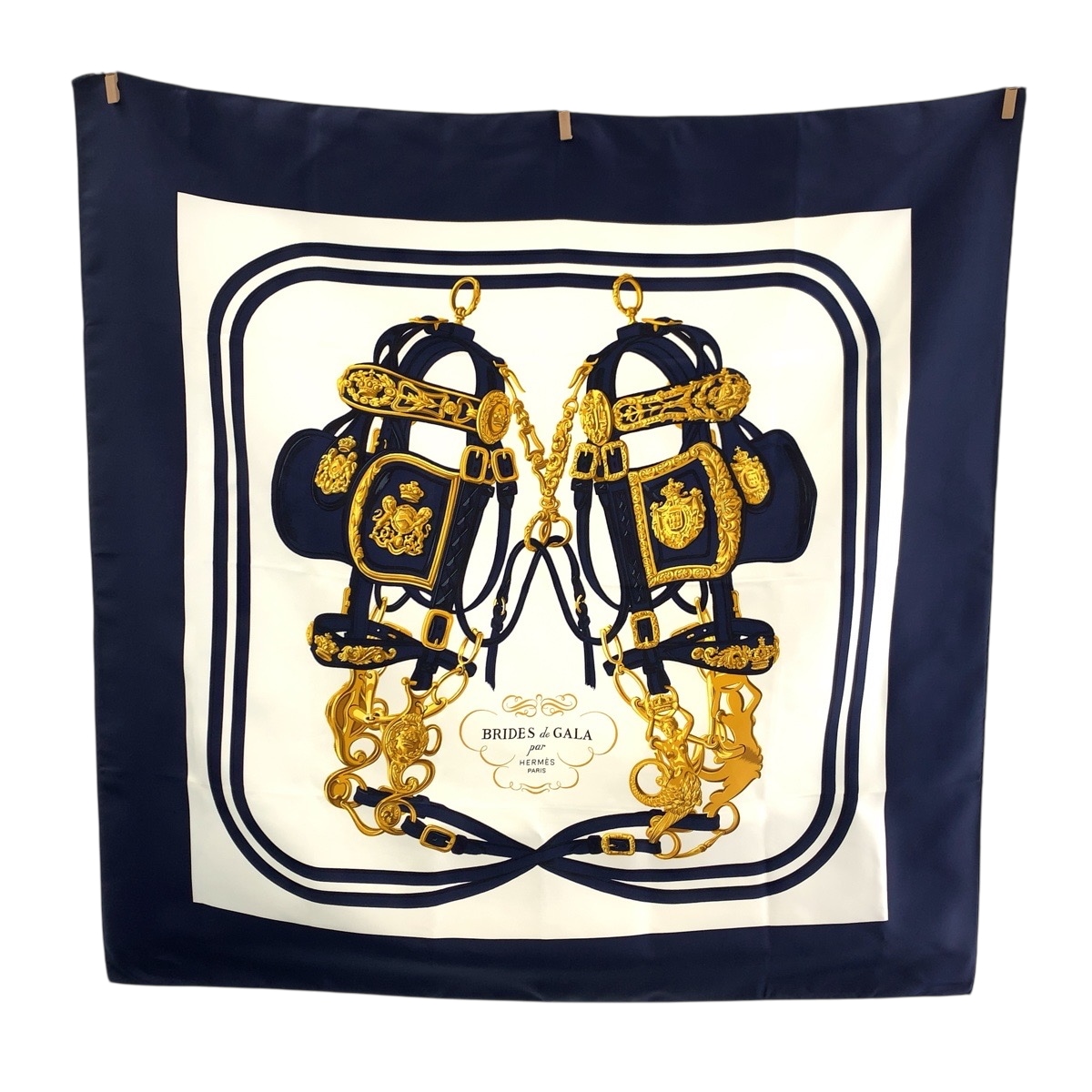 超美品 カレ90 BRIDES de GALA ネイビー ゴールド 大判スカーフ 男女兼用 レディース 503861
