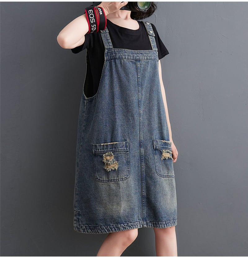 ダメージ サロペット ジャンパースカート レディース 膝丈 スカート ポケット サスペンダー デニム かわいい 大人可愛い シンプル カジュアル おしゃれ かっこいい レトロ こなれ感 ラフ メンズラ
