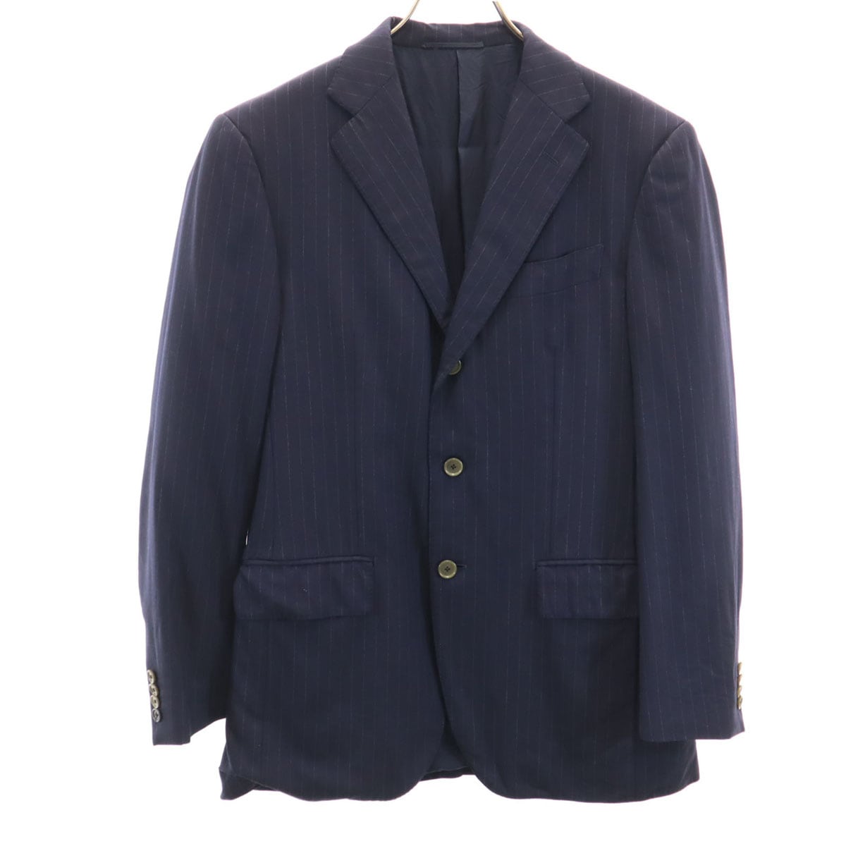 ウール100％ 日本製 ストライプ柄 テーラードジャケット 46 ネイビー メンズ 古着