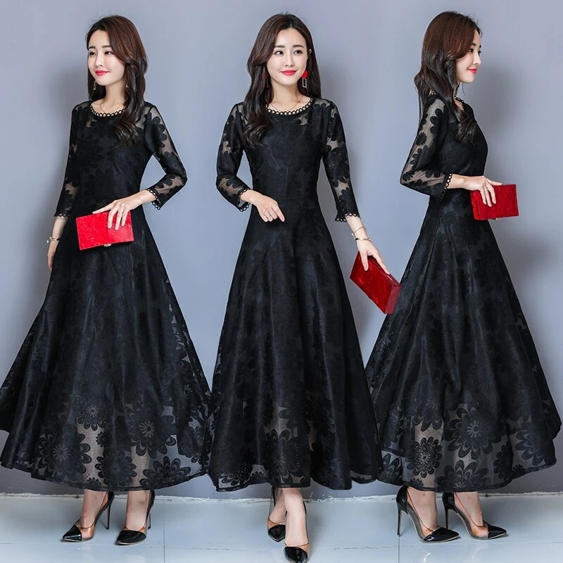 パーティードレスロングドレス袖あり七分袖大きいサイズ3L4L5L6L黒赤ピンクドレス総レース20代