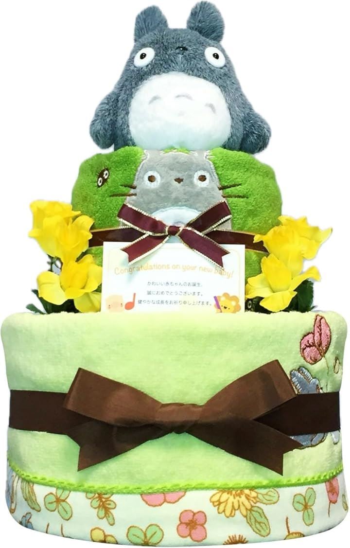 おむつケーキ 男の子 女の子 出産祝い 赤ちゃん 誕生日 ベビーシャワー ギフト (グリーン, 2段 Sサイズ)