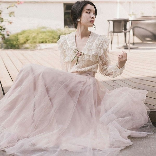 セットアップ レディース 春秋 2点セット Vネック レース ブラウス トップス ピンク チュールス