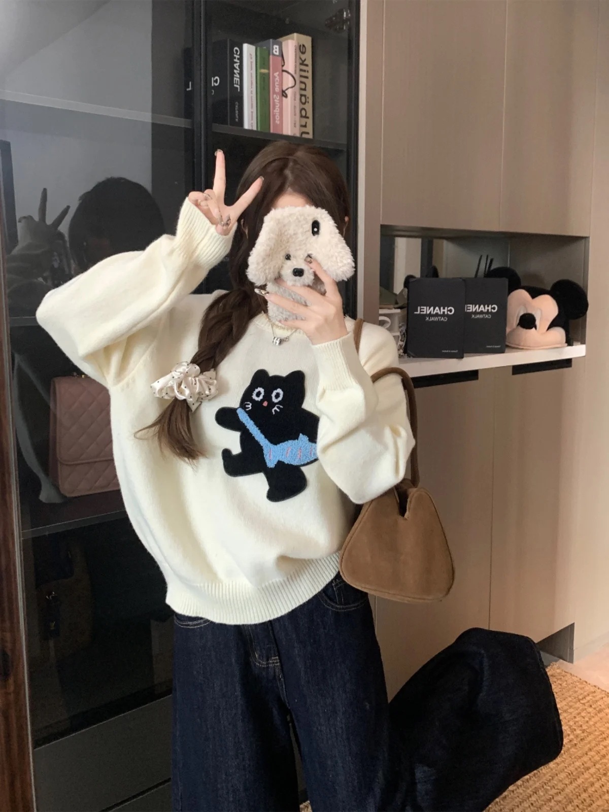 ソフトニットラウンドネック猫柄セーター女性のルーズフィットトレンディな秋の新着快適なストレッチクルーネックトップ - 200000345