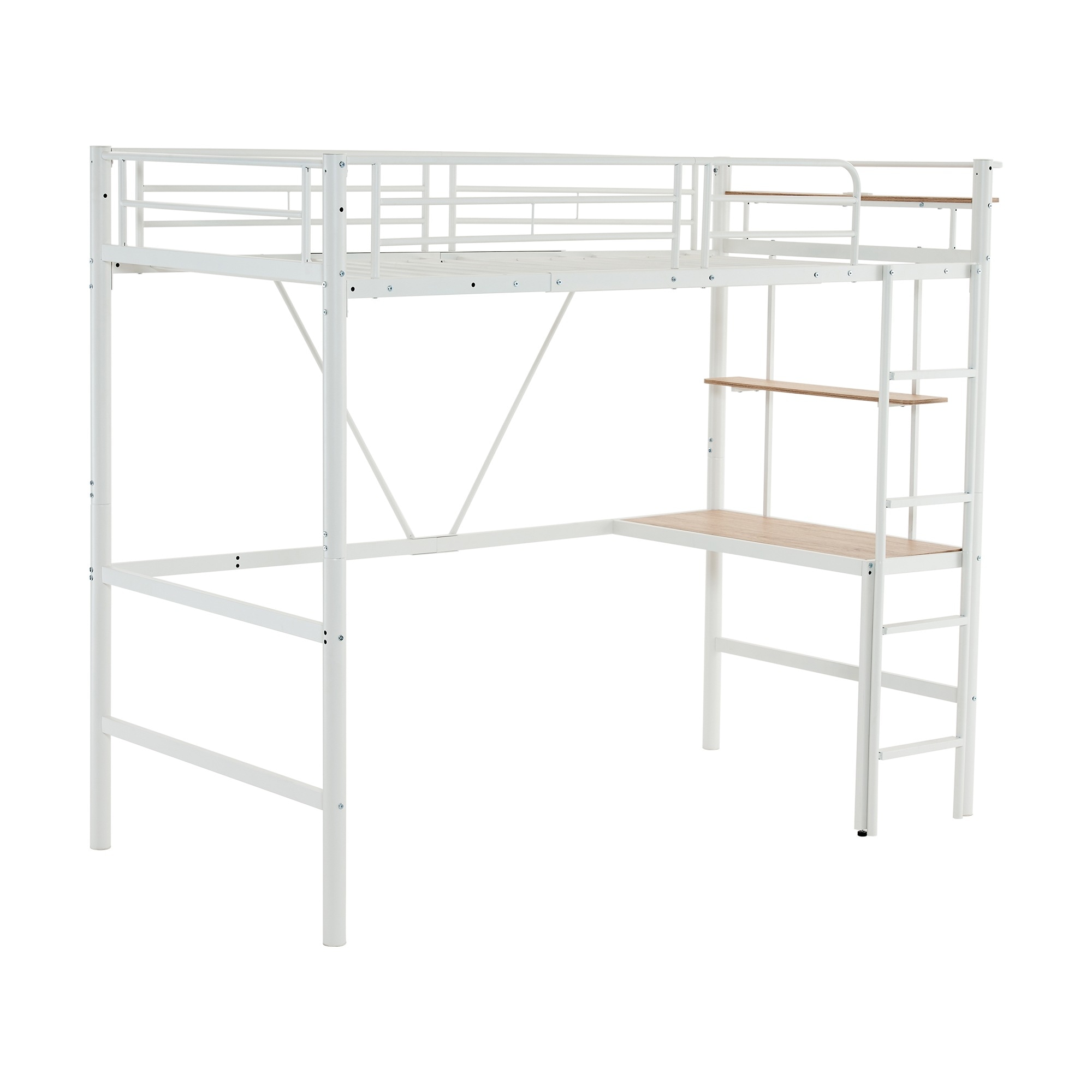 74ロフトベッド 机付き パイプベッド シングル 木 デスク付き コンセント付き 耐荷重150kg 高さ170cm 収納棚 ロフトベッド ハイタイプ はしご付き 北欧風 子供部屋 送料無料 スチール