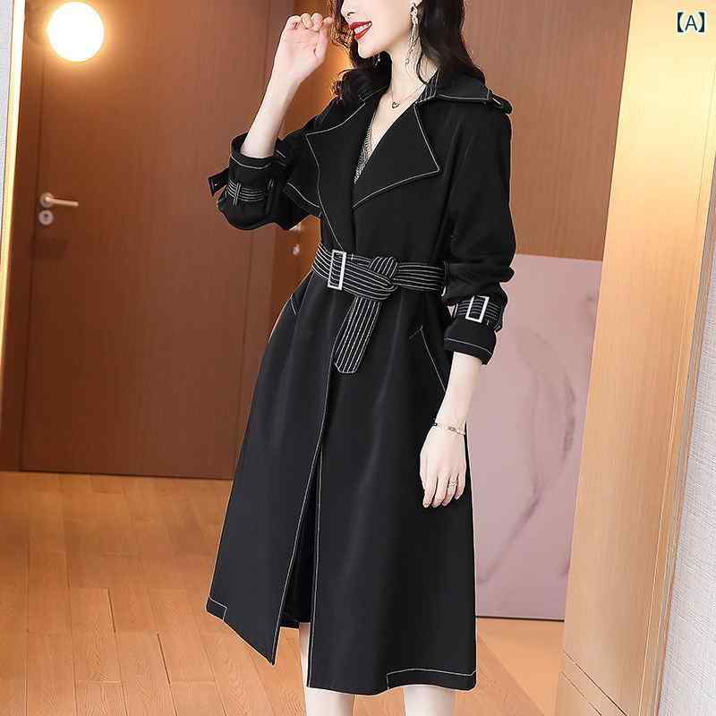 レディース コート 長袖 韓国 アウター 秋 丈 黒 白ステッチ モダン おしゃれ スタイリッシュ エレバント 防風 クラシック トレンチコート ポリエステル 外出着 通勤