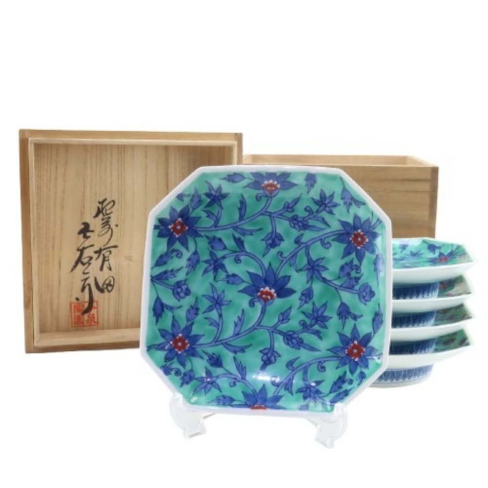 今泉今右衛門 錦緑地唐花文角皿 食器 陶器 ユニセックス 中古品 A-ランク