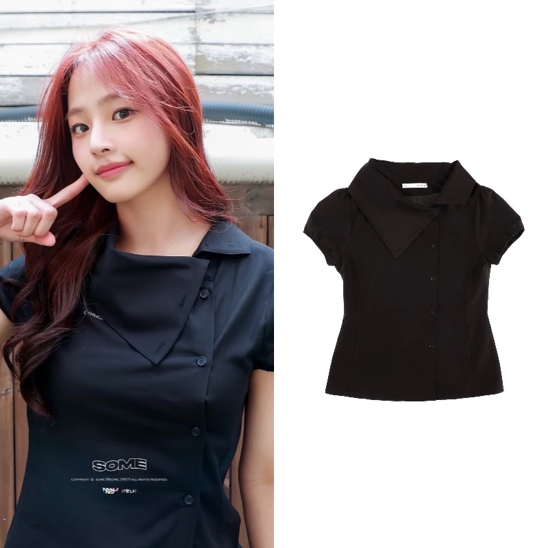 [NewJeansミンジ着用] DRAPE COLLAR BLOUSE 無地 半袖 シャツ・ブラウス