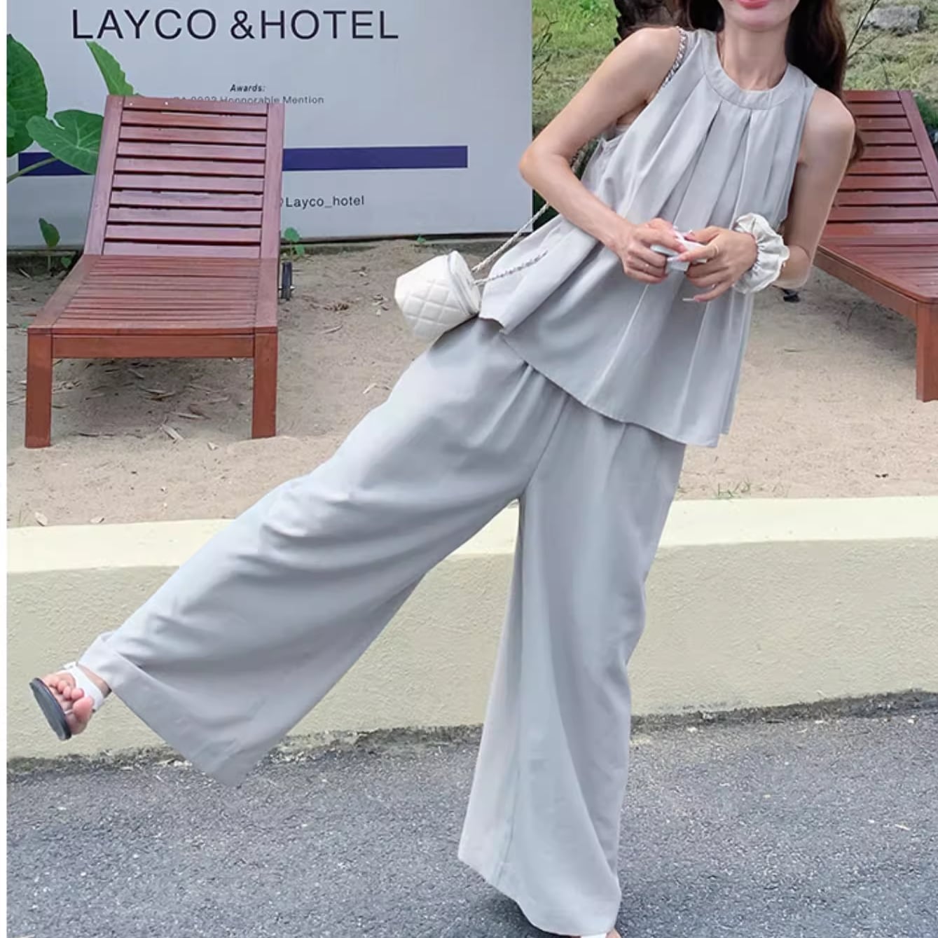 レディース トップス ボトムス セットアップ ワイドパンツ 丈長 フルレングス 袖なし ノースリーブ ラウンドネック タック かわいい 大人可愛い きれいめ シンプル カジュアル おしゃれ ラフ