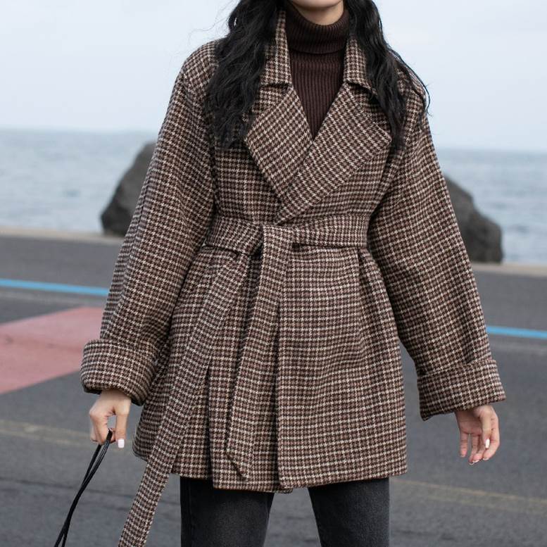 アウター コート レディース 個性的 ハーフ チェスター チェック柄 ウエストベルト 総柄 茶色 カーキ フリーサイズ 秋 冬 大人可愛い きれいめ 上品 エレガント ガーリー マニッシュ レトロ 大