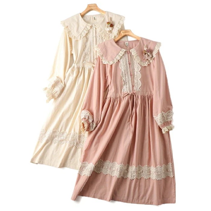 【急速出荷】甘かわいい ワンピース 長袖 コットン ロングワンピース 森ガール レース 綿 春服 夏服 春夏 ローゴージャス ロリータ 体型カバー レディース 女性 薄手 春物 夏物 夏用 春用